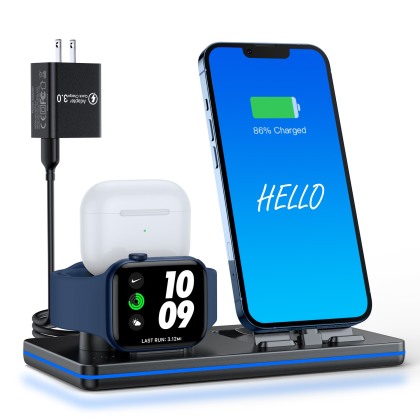 𝟮𝟬𝟮𝟮 𝗡𝗲𝘄 DUMTERR 3 in 1 Charging Station for Apple Products, Portable Charging Dock for iPhone and Airpods Series, Wireless Charging Stand for iWatch 7/6/SE/5/4/3/2, with 18W Adapter