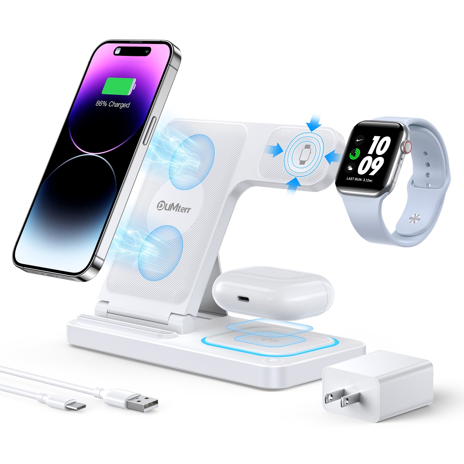 DUMTERR 3 in 1 Wireless Charger For iPhone 15/14/13/12/11/Pro/Max/XS, Wireless Charging Station for apple devices, Charging Stand for Apple watch Ultra 2/9/8/SE/7/6/5/4/3/2, for AirPods 3/2/Pro(White)