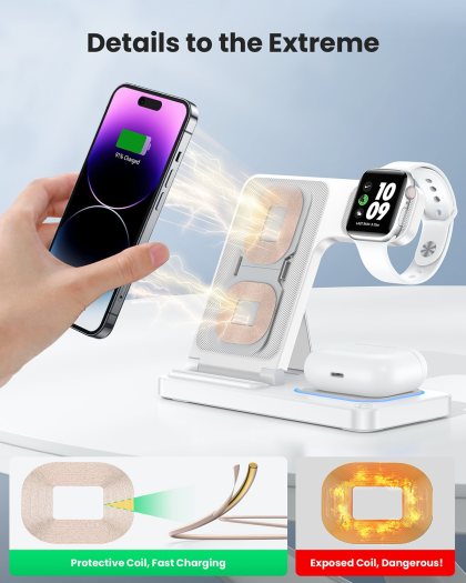 DUMTERR 3 in 1 Wireless Charger For iPhone 15/14/13/12/11/Pro/Max/XS, Wireless Charging Station for apple devices, Charging Stand for Apple watch Ultra 2/9/8/SE/7/6/5/4/3/2, for AirPods 3/2/Pro(White)