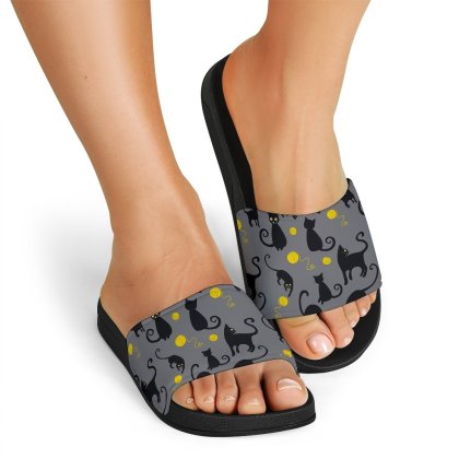 Black Cat Knit Pattern Print Black Slide Sandals