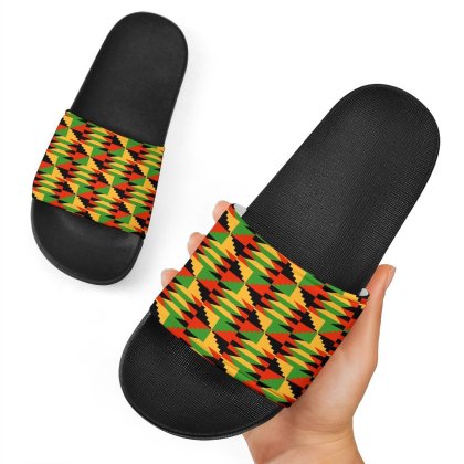 Kente African Pattern Print Black Slide Sandals