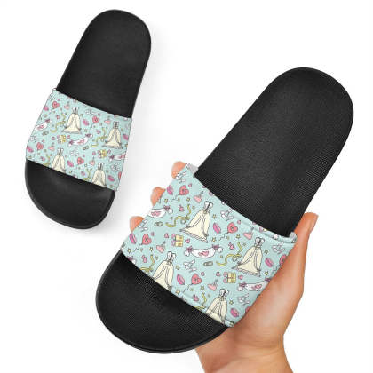 Wedding Pastel Pattern Print Black Slide Sandals