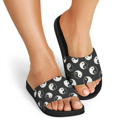 Yin Yang Black Pattern Print Black Slide Sandals