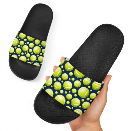 Tennis Ball Pattern Print Black Slide Sandals