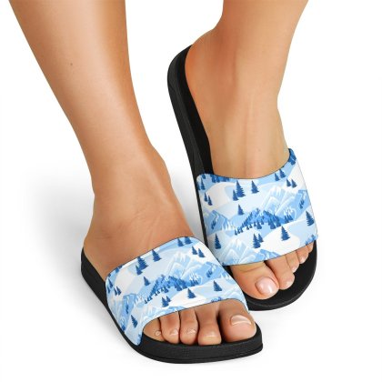 Mountain Snow Pattern Print Black Slide Sandals