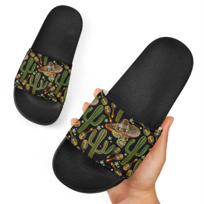 Western Cowboy Cactus Pattern Print Black Slide Sandals