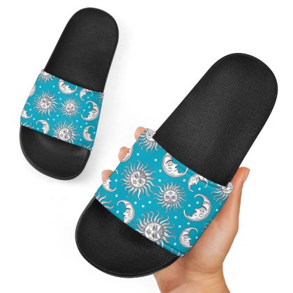Sun Moon Blue Pattern Print Black Slide Sandals