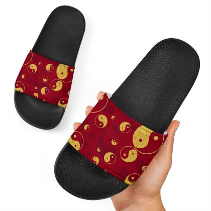 Yin Yang Red Pattern Print Black Slide Sandals