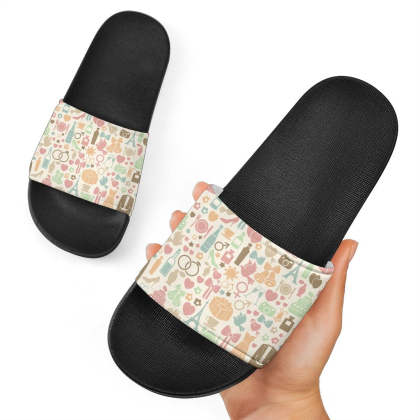 Wedding Print Pattern Black Slide Sandals