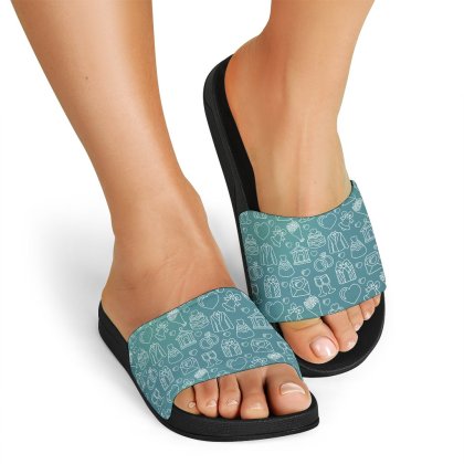 Wedding Pattern Print Black Slide Sandals