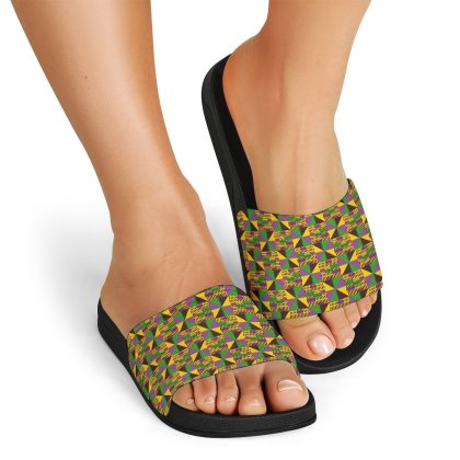 African Kente Pattern Print Black Slide Sandals
