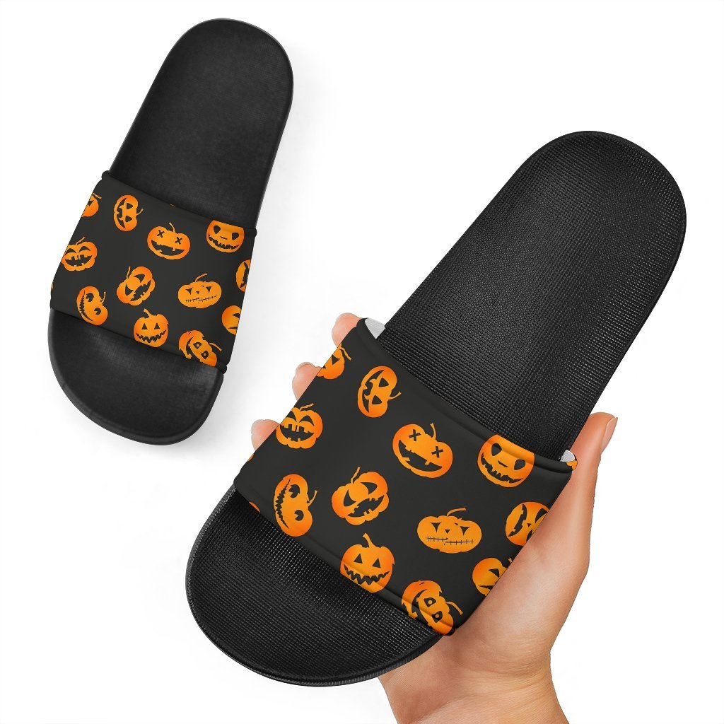 Pumpkin Halloween Pattern Print Black Slide Sandals