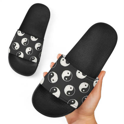 Yin Yang Black Pattern Print Black Slide Sandals