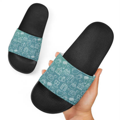 Wedding Pattern Print Black Slide Sandals