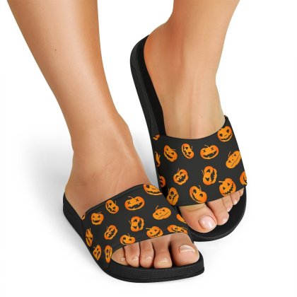 Pumpkin Halloween Pattern Print Black Slide Sandals