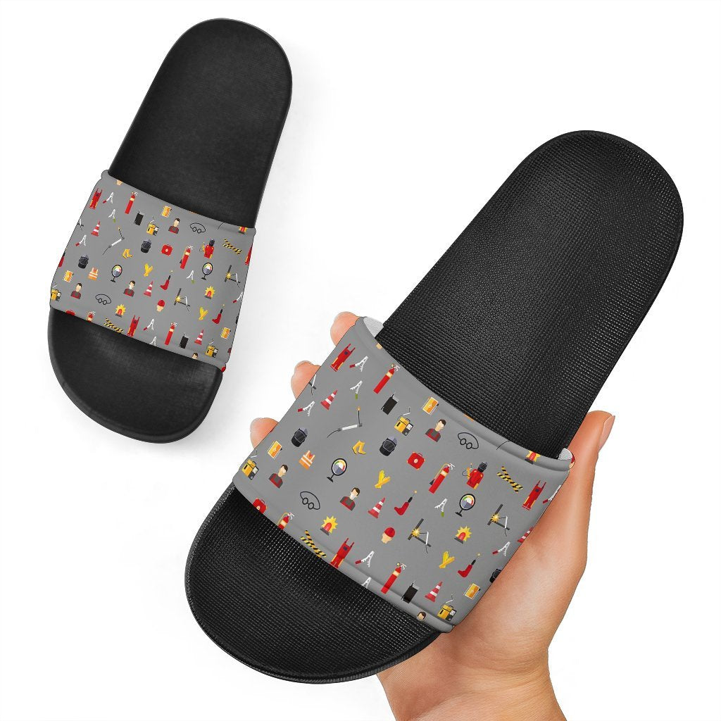 Welder Print Pattern Black Slide Sandals