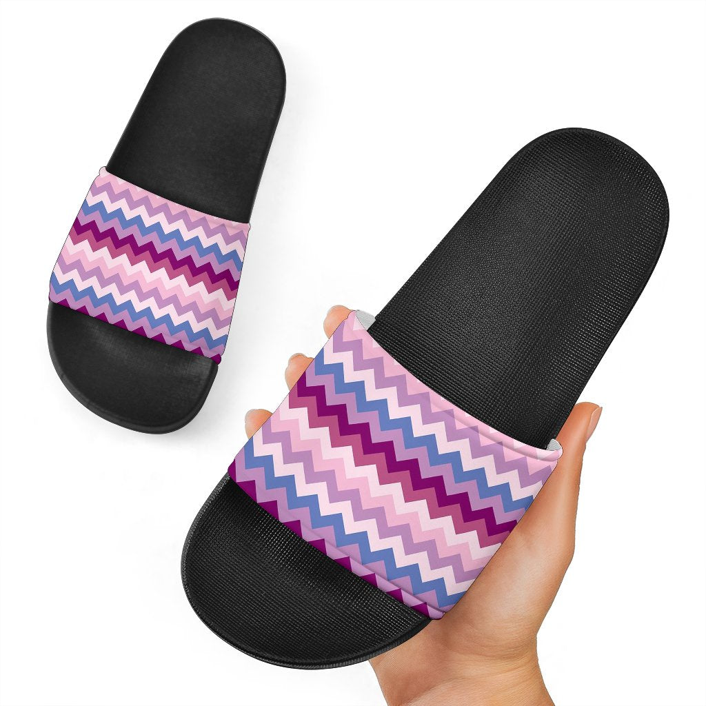 Zig Zag Pattern Print Black Slide Sandals